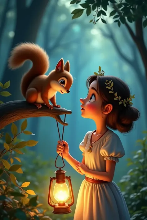 The squirrel sits on a low branch, tilting its head as it speaks to Lily. Lily looks surprised but hopeful, holding the glowing lantern close.