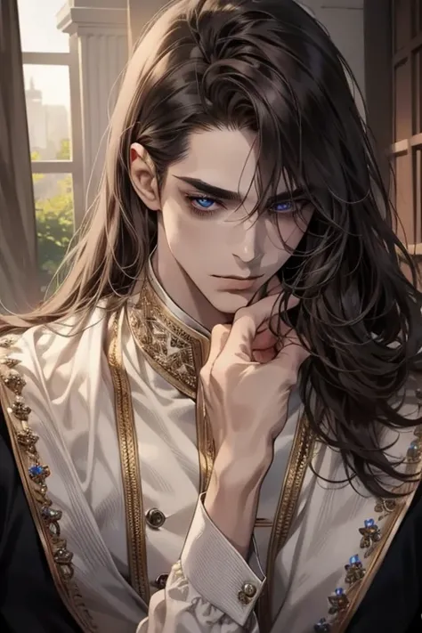 1 male, adult, handsome, tall and lean, prince, royalty, calm face, finely detailed eyes, dark color hair with bangs, dark fantasy, long Hair, detailed face, close up