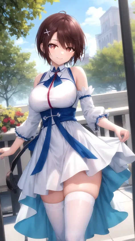 masterpiece, best quality, high quality, girl, solo, looking at viewer, yuuta_kadowaki, large breasts, white dress, detached sleeves, blue thighhighs, standing, cowboy shot, outdoors, smile,