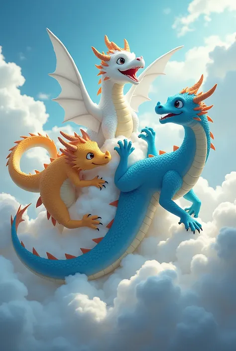 Three dragons (white, blue and yellow) playing among the clouds, tiny mountains visible beneath them. Two dragons wrestle while doing a barrel roll.