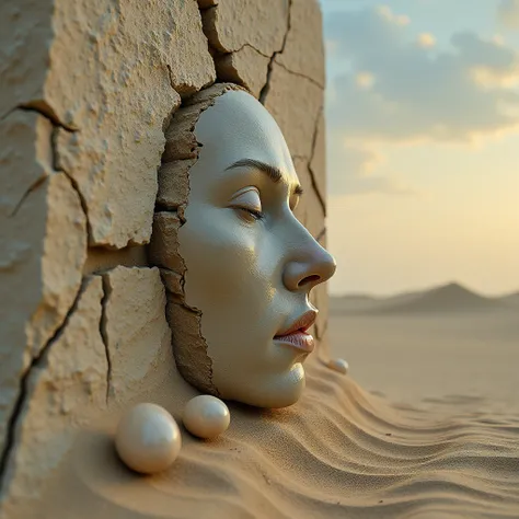 A surrealistic scene where a human face emerges from a cracked wall, revealing intricate details of the skin and facial features. The face appears to be made of stone or eroded material, with parts of it melting or dissolving into the wall. The background ...