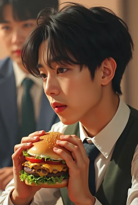 araffed boy with a sandwich in his hand and a man in a tie, a picture inspired by Kun Can, tumblr, realism, park jimin, jimins plump lips, jimin, jimins grecian nose, jimins right eyelid swollen, accurate jimin face, jung jaehyun, taehyung eating gucci fri...