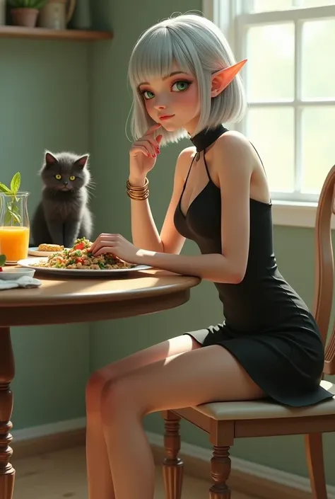 1 lady, solo, A elven lady(silver bob cut, blunt bangs, green eyes, Pointy Ears, gold bangle, bare shoulder black mini dress, black short boots) is having breakfast(orange juice, cereal and salad) at the dining table, with a fluffy black kitten(no extra ta...