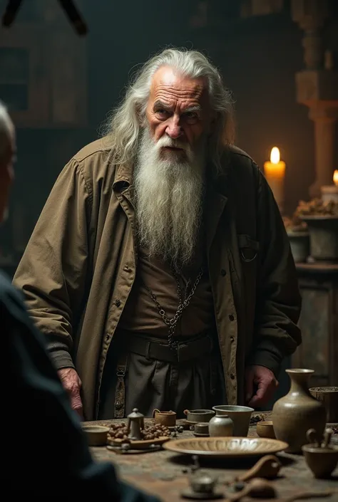 "An elderly man with a long beard, wearing old, tattered clothing, standing in front of a cluttered table filled with antiques, speaking to a middle-aged man. The elderly man has a mysterious, slightly sinister expression, surrounded by dim, warm light."