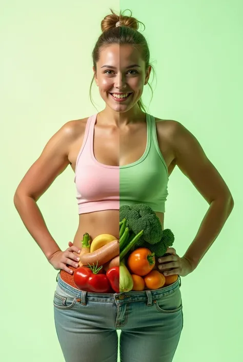 
This cover must have a clean and modern design with a focus on health and well-being, use shades of green and white, to represent health, cleanliness and tranquility, include the image half of a fat woman in the context of unhealthy foods and on the other...