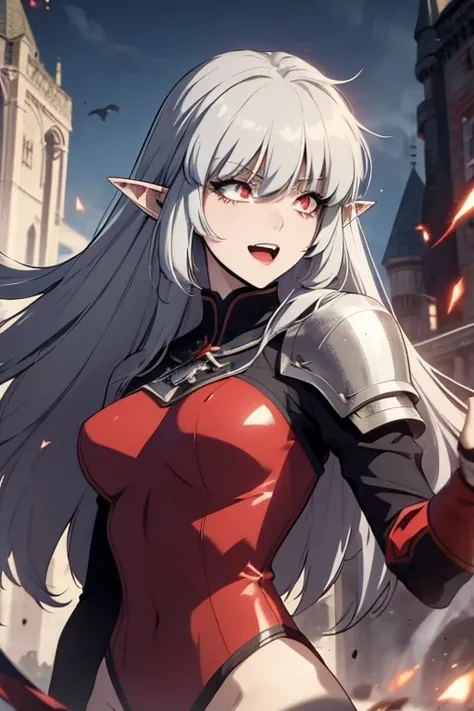 alice,vampire,grey hair, long hair, red eyes, pointy ears, large breasts,1girl, laughing, highlights, retro anime woman, castle, black, very long hair, urushihara satoshi style, red armoredc leotard, red armor, medieval fantasy, retro style armor