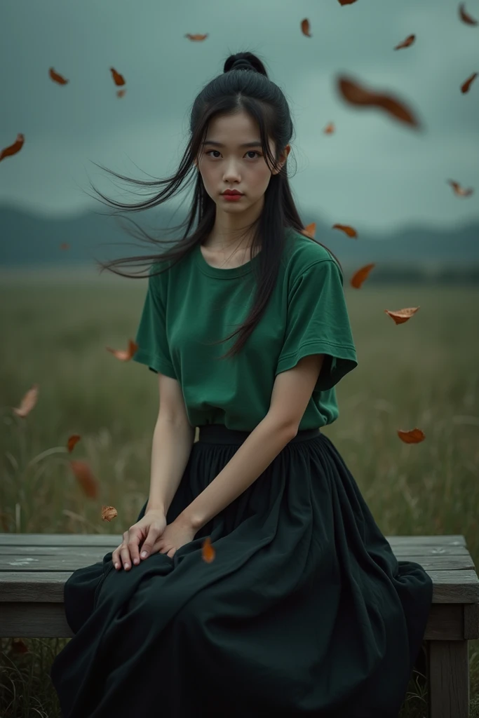 Beautiful Asian woman wearing green t-shirt , skirt black overlength model sitting on board bench facing camera,  long straight hair tied high , dark sky background , overcast with strong wind blowing leaves planted , ultra Hd realist  