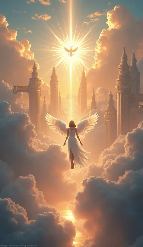 A scene of a kingdom of angels, very glowing and magical elements.