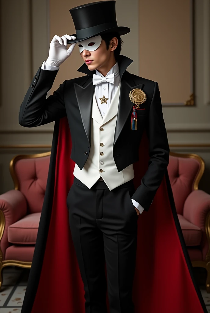 "A Japanese model cosplaying a character inspired by Tuxedo Mask.  He wears an elegant black top hat ,  a small white mask that covers the eyes ,  and a formal black jacket with a red undercoat that falls elegantly from behind .  He wears an impeccable whi...