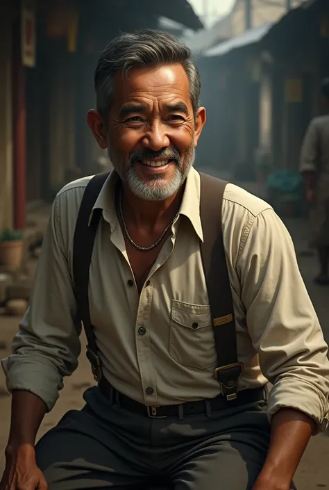 a man in myanmar in 1920, not handsome nor ugly, dishonest man,his age is over 40.He is smiling 