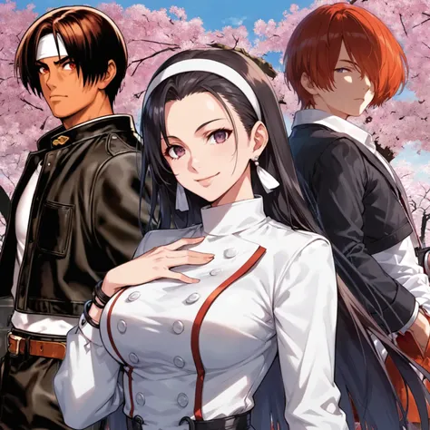 Anime characters under the blue sky 、 standing in front of the cherry blossom tree , KOF Style , , Key Art,  Official Art work,  Official Art ,  key visual ,  King of Fighters character ,  anime cover , visual novel  key visual ,  Promotional Art , high detailed  Official Art work,  High Definition Artwork , Official Anime Art, anime Key Art, Remastered, Official Fan Art、 red eyes