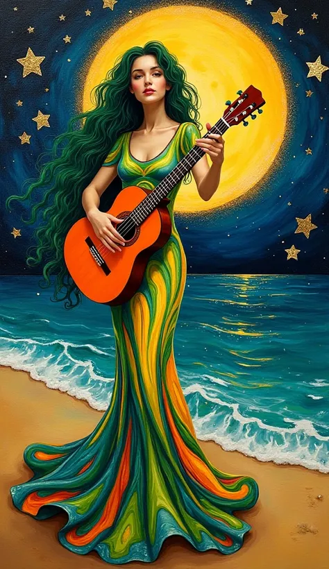 Gustavo Klimt style, Wax painting with layers of paint applied to canvas by heating, big gold foil moon, stars. Young woman with long curly green hair, wearing an abstract swirling green, yellow, blue and orange dress, playing guitar on the beach. Backgrou...