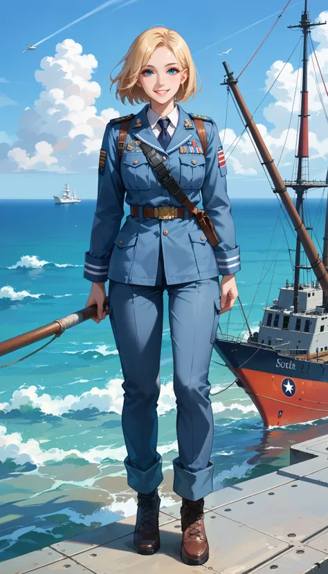 masterpiece,  top quality ,   very detailed CG,  Unity 8k wallpaper ,  cinematic lighting, , Sony a7,  Wide Frame , South Pacific, During the war with Asian countries, Winds blowing on the Aegis ship,  1 girl,  full body , smile,  Shes a US Navy Soldier,  ...