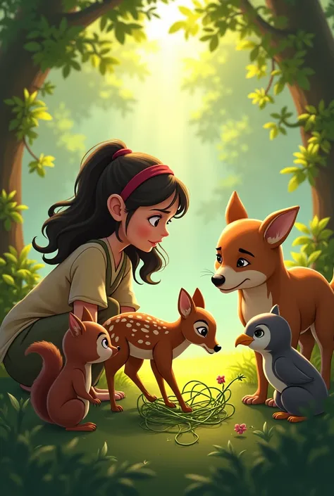 1.Thansika and her animal friends working together to free a little fawn from some tangled vines, with expressions of concern and teamwork.