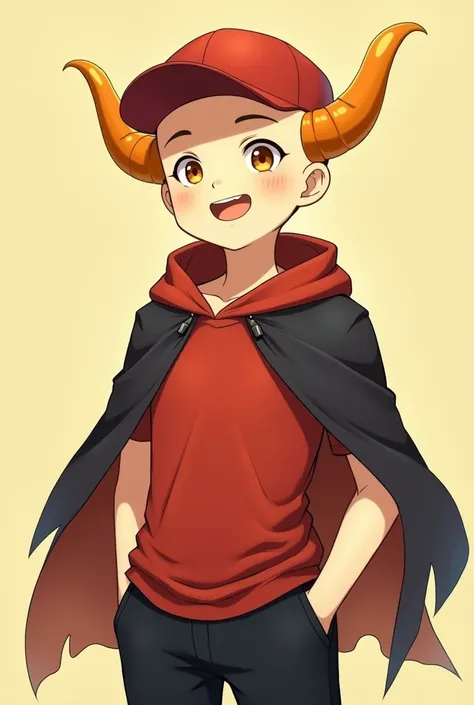 Male anime calvo y con una sonrisa with red shirt, black pants, arms, light yellow, light yellow head, flesh-colored scarf, broken black cape, red cap and orange horns