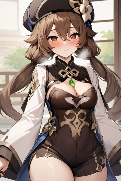 NSFW,masterpiece, top quality , high res, very detailed,walnut(Genshin Impact)、 long hair、bangs、Brown Hair、Red Eye、 hair between eyes、 twin tails、side lock、 symbol shaped pupil , Long Sleeve 、hat、gem、flower、 SHORTS、 wide sleeve、 comments、 Chinese clothes、黒...