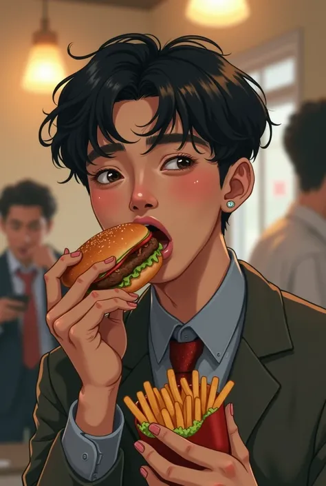 araffed boy with a sandwich in his hand and a man in a tie, a picture inspired by Kun Can, tumblr, realism, park jimin, jimins plump lips, jimin, jimins grecian nose, jimins right eyelid swollen, accurate jimin face, jung jaehyun, taehyung eating gucci fri...