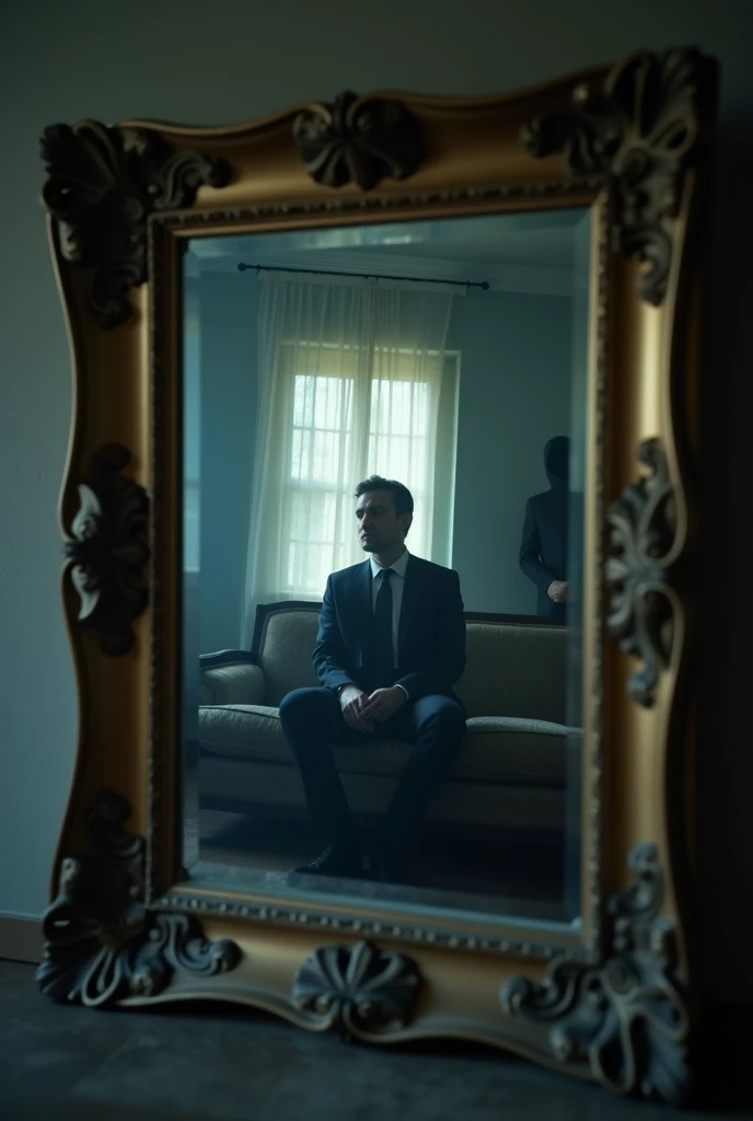 "A close-up of an antique mirror with a cold, reflective surface. The mirror shows a slightly distorted reflection of a man sitting on a couch, with a faint shadow or figure standing behind him, creating a sense of eerie tension. The room around the mirror...