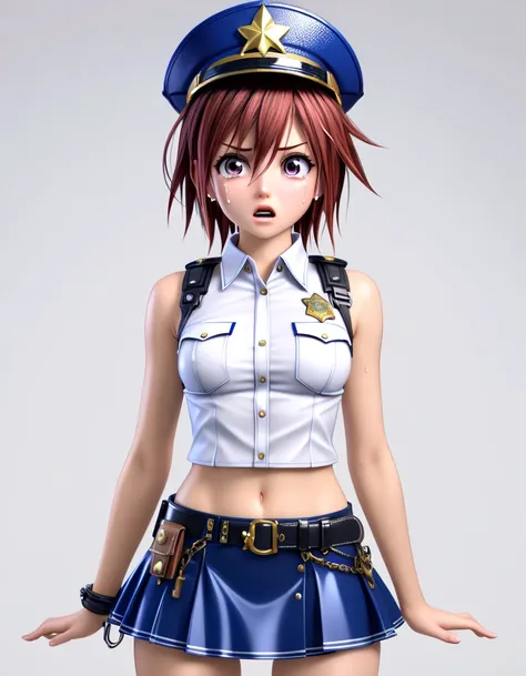  One girl ,  Kairi from Kingdom Hearts,  viewers(Blushed face:1.0),real skin ,small breasts,  shiny hair ,  Super Detailed Black Eyes,( Equipped Police Belt :1.2),( watch ),( shot from the front:1.2),24K,(Standing in a sexy pose:1.2),(Frightened　Tears in t...