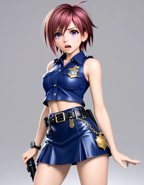  One girl ,  Kairi from Kingdom Hearts,  viewers(Blushed face:1.0),real skin ,small breasts,  shiny hair ,  Super Detailed Black Eyes,( Equipped Police Belt :1.2),( watch ),( shot from the front:1.2),24K,(Standing in a sexy pose:1.2),(Frightened　Tears in t...