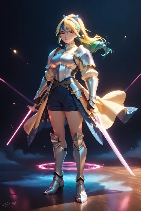 woman　Perfect figure　Platinum Armor　Shining armor framed by pink neon lights　Holy Sword　Armor that sticks to the ground 　 serious expression　 golden eyes　 ponytail　 is woven horizontally 　 green hair　Red Hair　 yellow hair　 blue hair　Multicolored Hair　Highl...