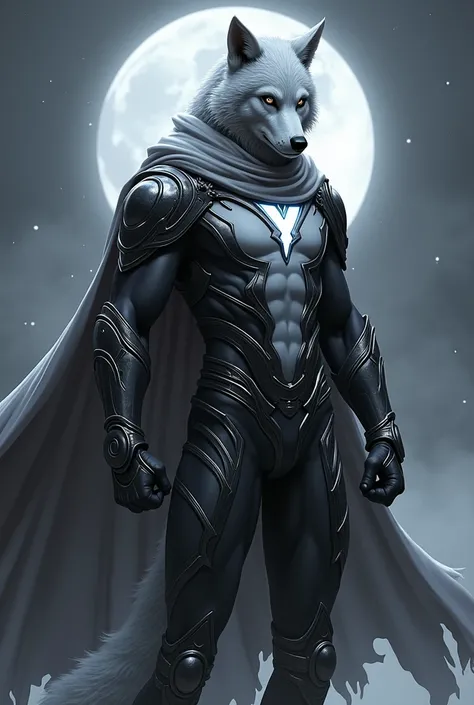 Make me an Anthropomorphic Wolf or furry that is a superhero mage. He has a full mask on, color mostly white with black, and looks cool. He looks friendly to the people but is intimidating to the enemies. Hes powerful but humble. His suit looks so cool, un...