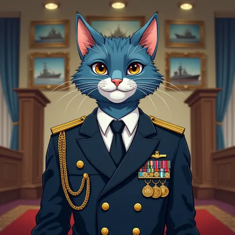 draw this a man anthropomorphic blue cat with brown eyes. He is a admiral and wears a naval uniform with tie and jacket and the chest full of medals  do it full body image in the ceremony hall with decoration with naval photos and ships