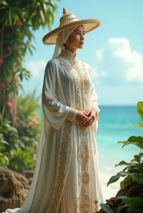 A dream wedding photo in a Muslim dress, a loincloth and wearing a Muslim mahaw hat, a Malay dress.