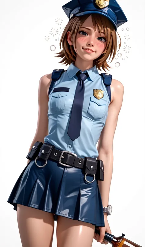  One girl ,  Kairi from Kingdom Hearts,  viewers(Blushed face:1.0),real skin ,small breasts,  shiny hair ,  Super Detailed Black Eyes,( Equipped Police Belt :1.2),( watch ),( shot from the front:1.2),24K,(Standing in a sexy pose:1.2),(Drunk:1.2),(To pee:1....