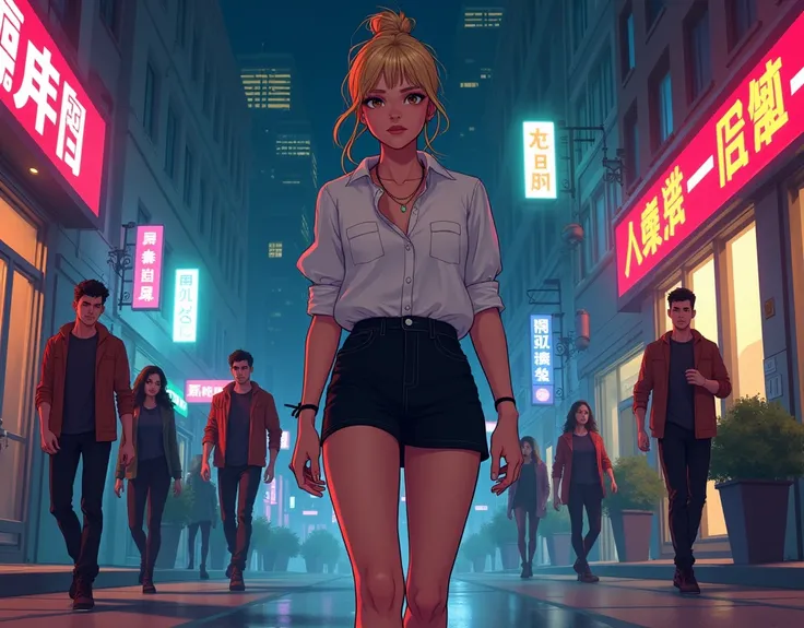 Make a teenage woman with her blonde hair tied up and a short black skirt and a white shirt and shes walking down the street at night and some guys are following her with the face of a mischievous night city scene
Comic style ( Make the traits of Marvel )