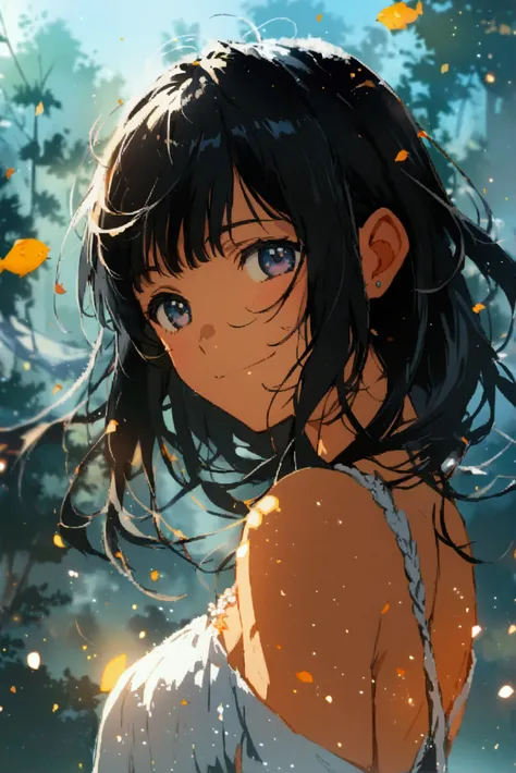  One girl ,  long hair, bangs,  black hair, hair blowing in the wind,  Hide Ears ,  smiles,  simple background,  look,  Illustration, anime,  Character Design, 