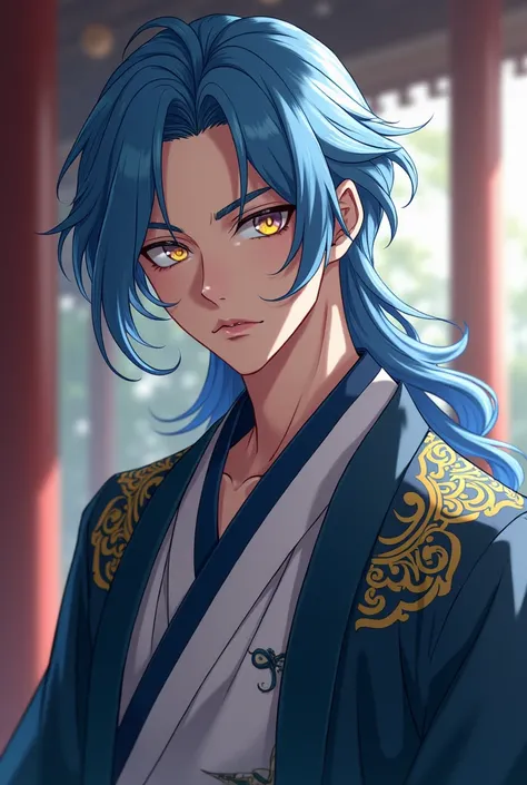 20-year-old man long hair light navy blue long cold yellow eyes mixed with light purple old Chinese clothing a noticeable scar on his lips(anime)