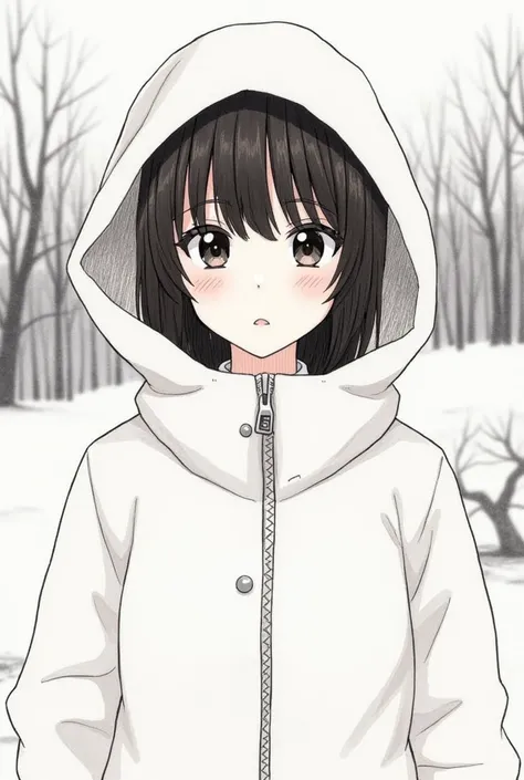 1girl, black eyes, black hair, brown hair, closed mouth, colored pencil (medium), hood, hood up, hooded jacket, hoodie, jacket, lips, long sleeves, looking at viewer, outdoors, painting (medium), solo, traditional media, upper body, white jacket, winter cl...