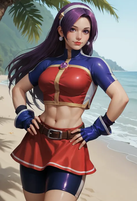 Masterpiece,best quality,ATHKOF2002, purple hair, long hair, purple eyes, white hairband, blue sleeves, pearl (gemstone), short sleeves, red top, belt, fingerless gloves, navel, red skirt, biker shorts,  blush, solo,skin tight clothes, standing on beach, s...