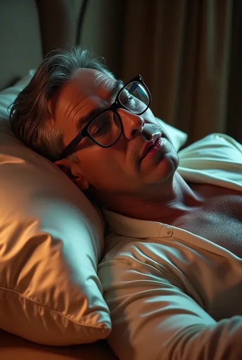 Handsome middle-aged man in glasses wearing a satin suit drools from his mouth onto a satin pillow on a satin bed