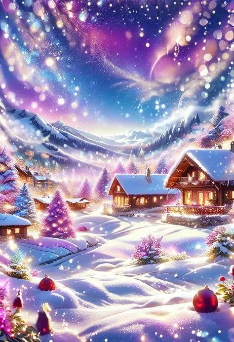 A Christmas in the mountains: a beautiful village at sunset; it is snowing lightly in the evening, a beautiful and warm sunset; a violet aurora borealis can be seen in the background; ren are playing with snowballs, and lying down in the snow; in one of th...