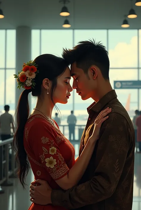  Indonesian man and Indonesian woman parting at airport, with a sad expression,soekarna hatta airport background 