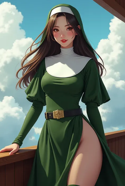 Young woman,Twenty-nine years old, Asian face, long brown hair, Skin as white as snow, Wearing a green nun costume, revealing her left thigh., Big chest, Thin waist, Big butt,On the sky deck, airship, Painting style: realistic 2.5D


