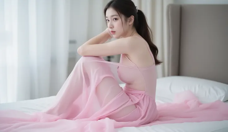 araffed asian woman in pink dress sitting on a bed, draped in transparent cloth, wearing translucent sheet, white and pink cloth, gorgeous chinese model, gorgeous young korean woman, beautiful south korean woman, translucent dress, wearing a nightgown, dia...