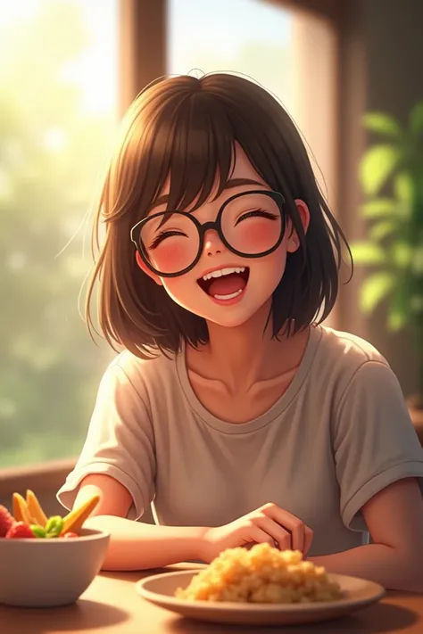 A girl eyes on glasses with sweet laughing, sunlight comes from glass wall on her face sit on table, infront food