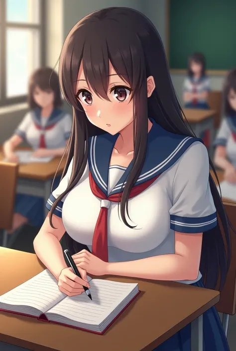 A young girl, big boobs, student uniform, sitting in class, studying, her chest lay on the table, her hand is writing 