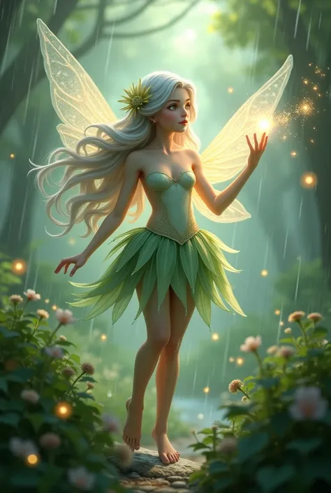 Forest fairy
silvery wavy hair
flower hair ornament
I have a magic wand
Skirt made of pale green leaves
pale green translucent feathers
Gentle rain falling slowly
Twinkle Little Fairies