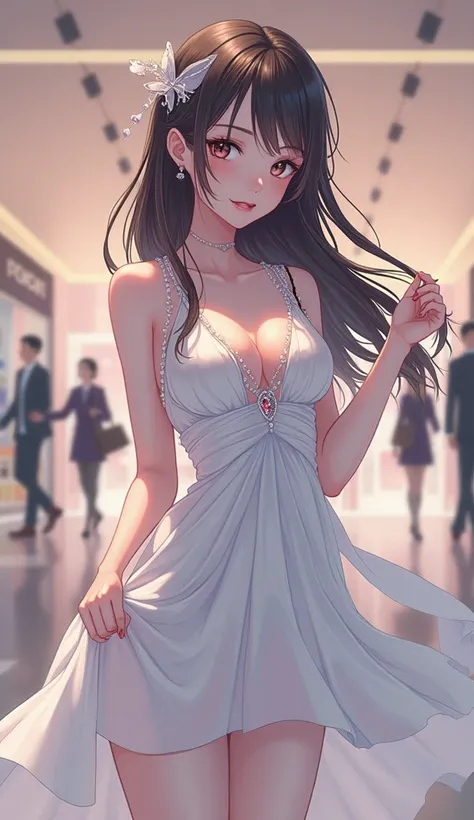 a woman in a short skirt and bra top standing in a mall, cute anime waifu in a nice dress, seductive anime girl, loli in dress, attractive anime girl, beautiful anime girl, an anime girl, anime visual of a cute girl, beautiful alluring anime woman, anime g...