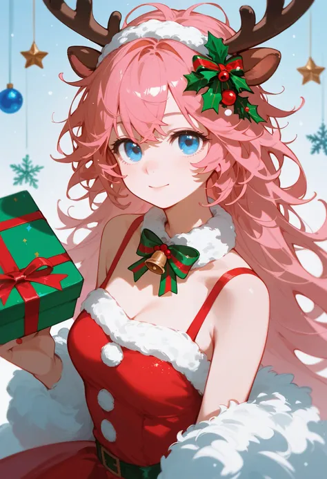 (masterpiece), ( Messy Hair),(illustration), 1 girl,  sky blue eyes,  Pink Hair，Bangs,  reindeer girl ， antlers， Christmas Element，Give gifts ， pretty face ，elegant，indoor