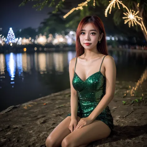 A cute woman (cute, age 22, sexy Christmas outfit, sparkles in eyes), sits on the shore of a lake in a Bangkok park at night, fireworks light up the night
