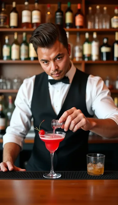 A handsome bartender who looked neat and athletic was pouring drinks into cocktail glasses gracefully. He wore a white shirt with a black vest and bow tie, standing in front of a wooden shelf full of drink bottles. The backdrop has a warm bar atmosphere wi...