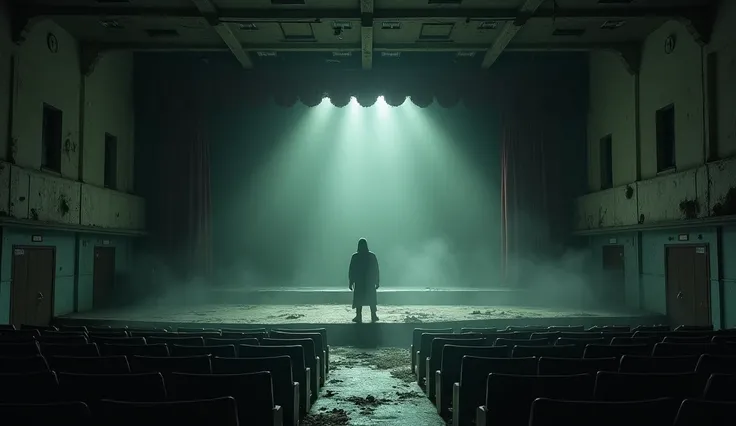 The Auditorium
"An abandoned school auditorium with broken seats and a dusty stage. A single spotlight shines on the stage, where a shadowy figure appears, barely visible in the misty darkness."