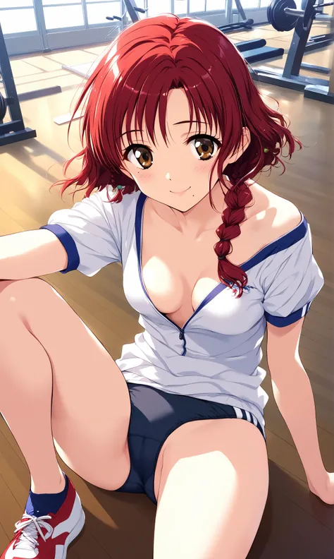 Wakai Misaki, (cowboy shot), Red Hair,  Shorthair,  braided ,  brown eyes,  small breasts,  pretty butt,  cleavage, smile, Mole around the mouth, (Gym clothes:1.2), (black buruma:1.2), ( Sexy Poses :1.2), ( sitting on the floor with legs spread apart), ( l...