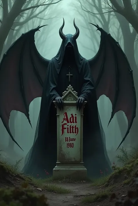 a devil wearing a black robe while holding a tombstone using gothic letters with the name "ADI FILTH 18JUNE1980" in red.