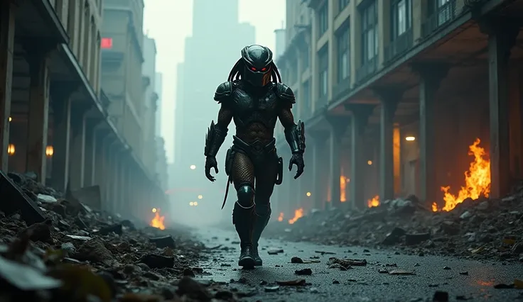 The movie predator in the midst of a wrecked city 